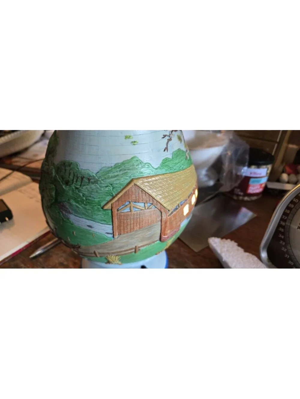 Vintage 1982 Table Lamp Ceramic Apothecary Jar Rustic Farm Barn Scene 13”TX8